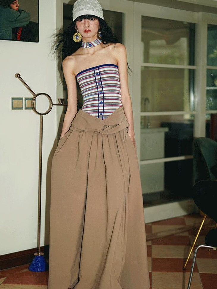 badtaste Western Striped Halter Colorblock Faux Two Piece Women's Strapless Maxi Dresses