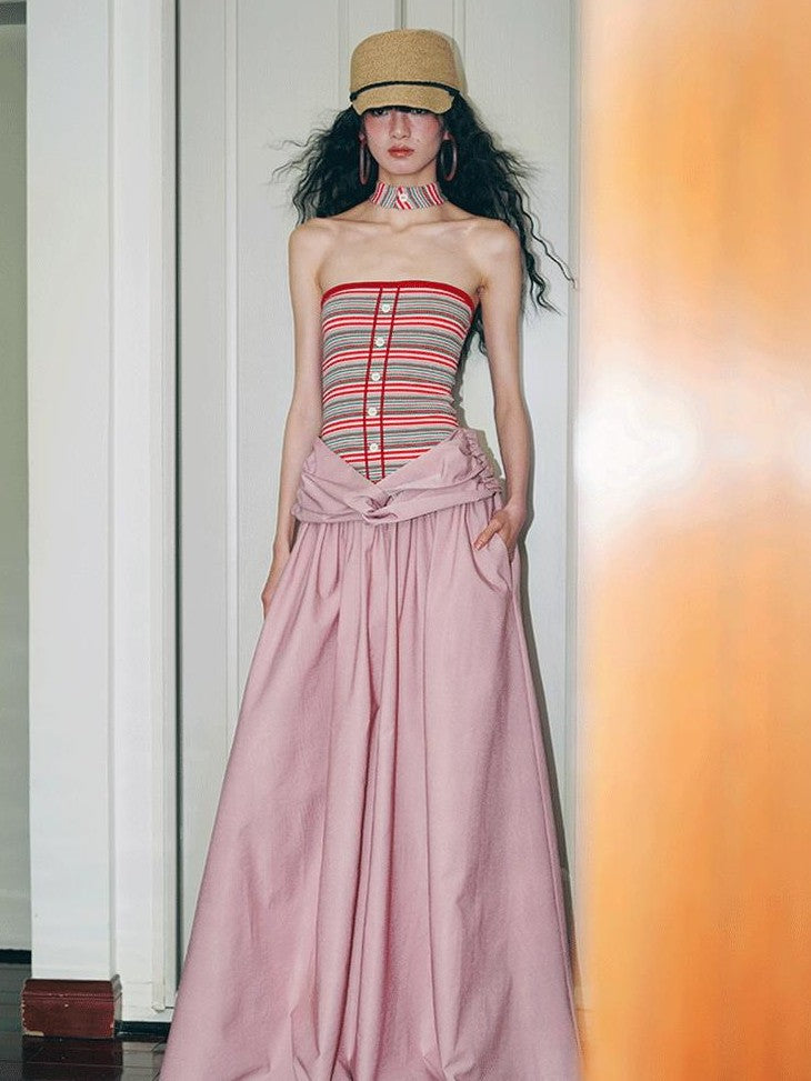 badtaste Western Striped Halter Colorblock Faux Two Piece Women's Strapless Maxi Dresses