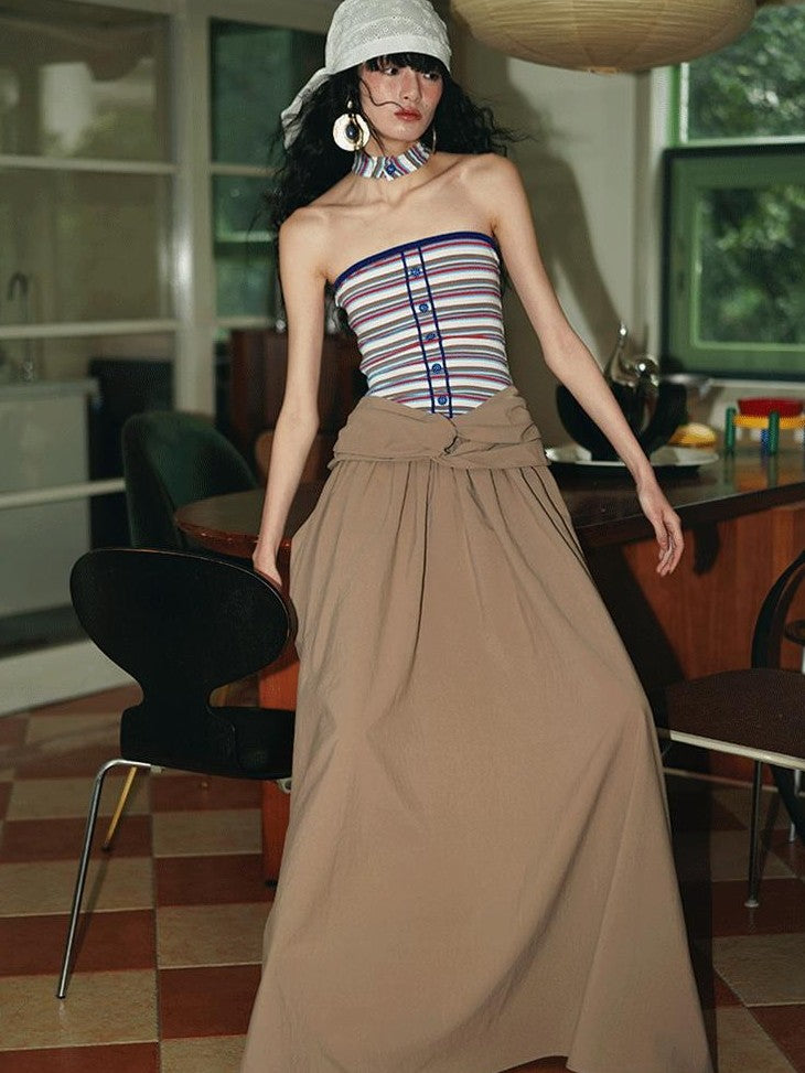 badtaste Western Striped Halter Colorblock Faux Two Piece Women's Strapless Maxi Dresses