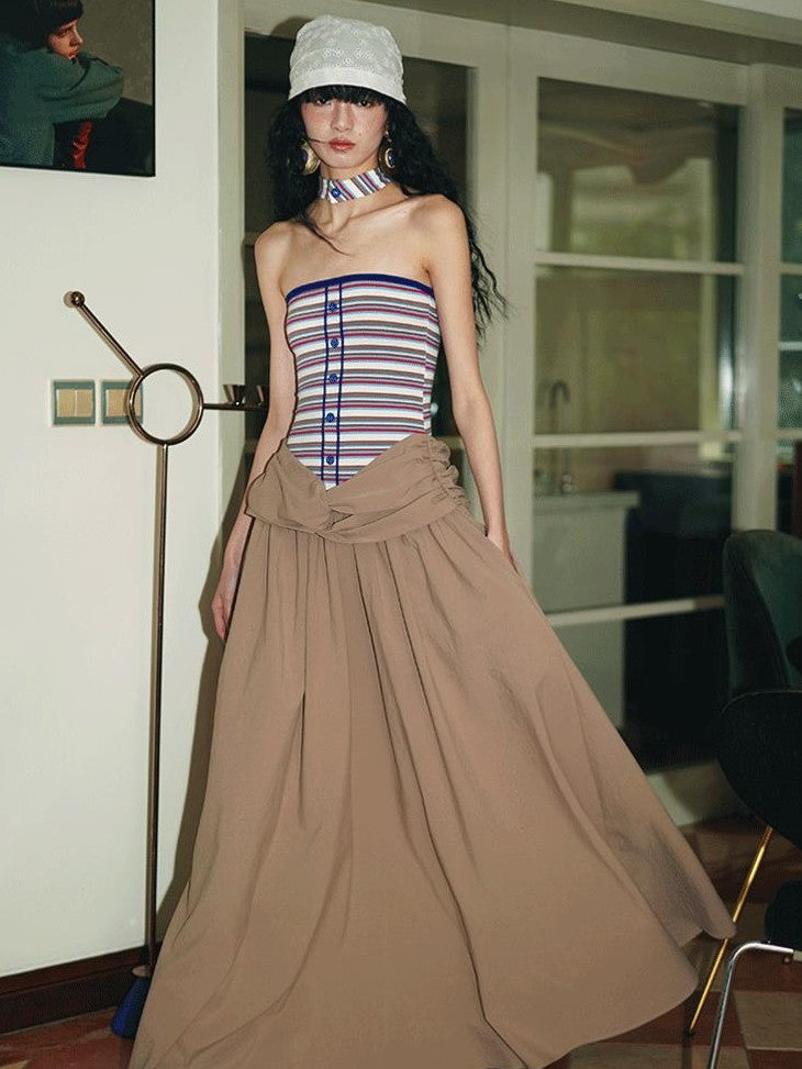 badtaste Western Striped Halter Colorblock Faux Two Piece Women's Strapless Maxi Dresses