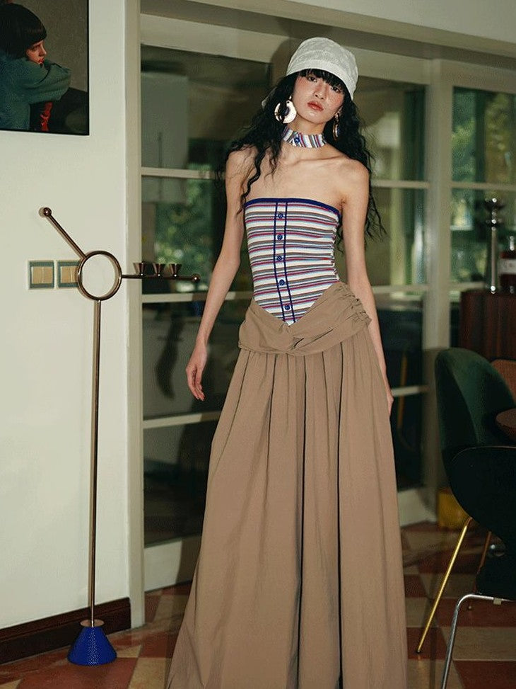 badtaste Western Striped Halter Colorblock Faux Two Piece Women's Strapless Maxi Dresses