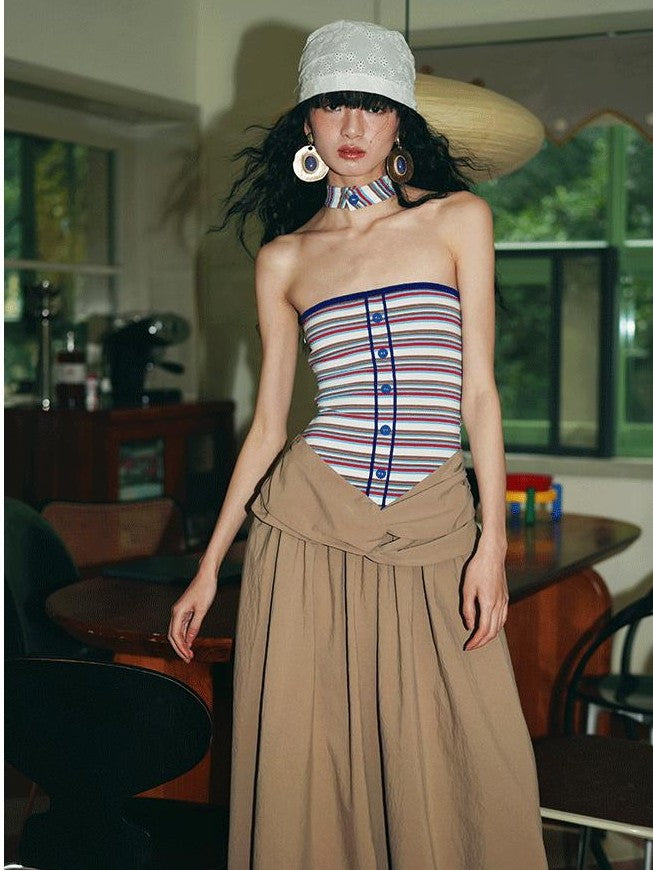 badtaste Western Striped Halter Colorblock Faux Two Piece Women's Strapless Maxi Dresses