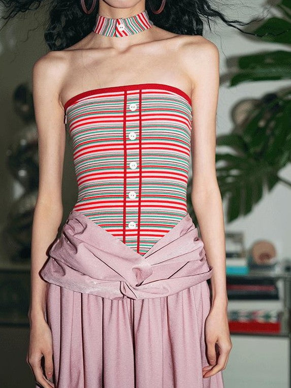 badtaste Western Striped Halter Colorblock Faux Two Piece Women's Strapless Maxi Dresses