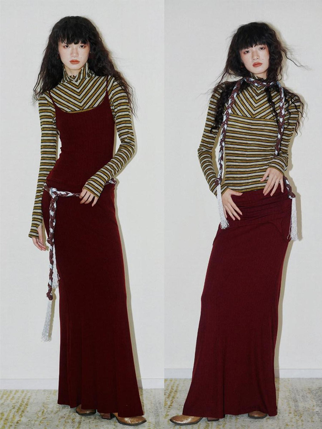 badtaste Western Striped Layered Vintage Long Sleeve Women's Casual Maxi Dresses