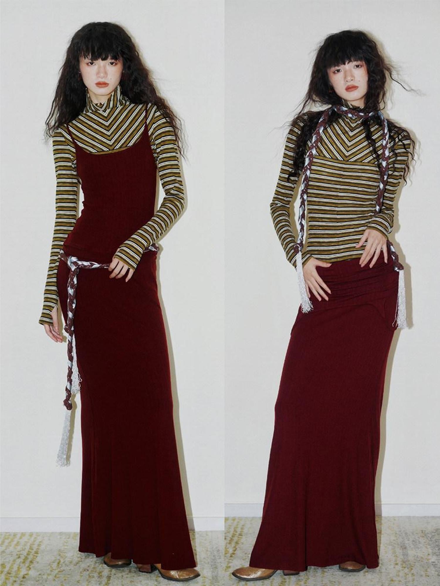 badtaste Western Striped Layered Vintage Long Sleeve Women's Casual Maxi Dresses