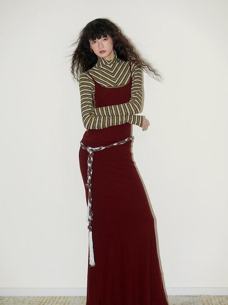 badtaste Western Striped Layered Vintage Long Sleeve Women's Casual Maxi Dresses