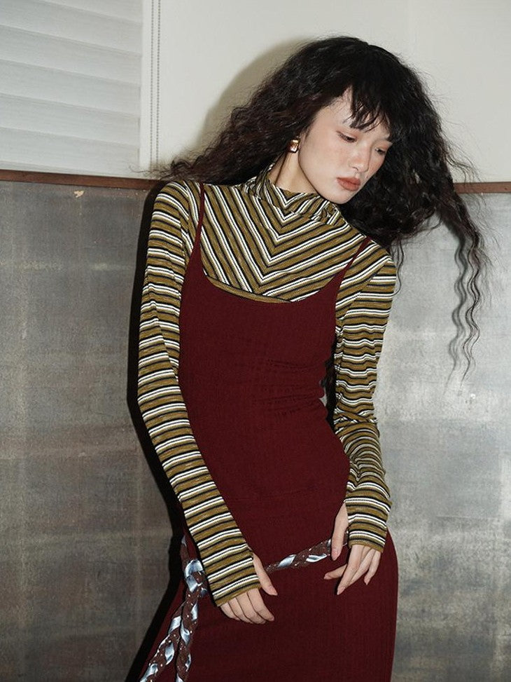 badtaste Western Striped Layered Vintage Long Sleeve Women's Casual Maxi Dresses