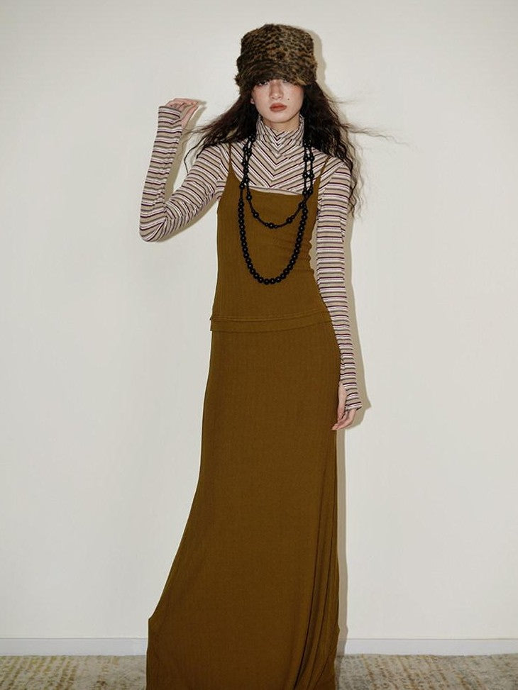 badtaste Western Striped Layered Vintage Long Sleeve Women's Casual Maxi Dresses