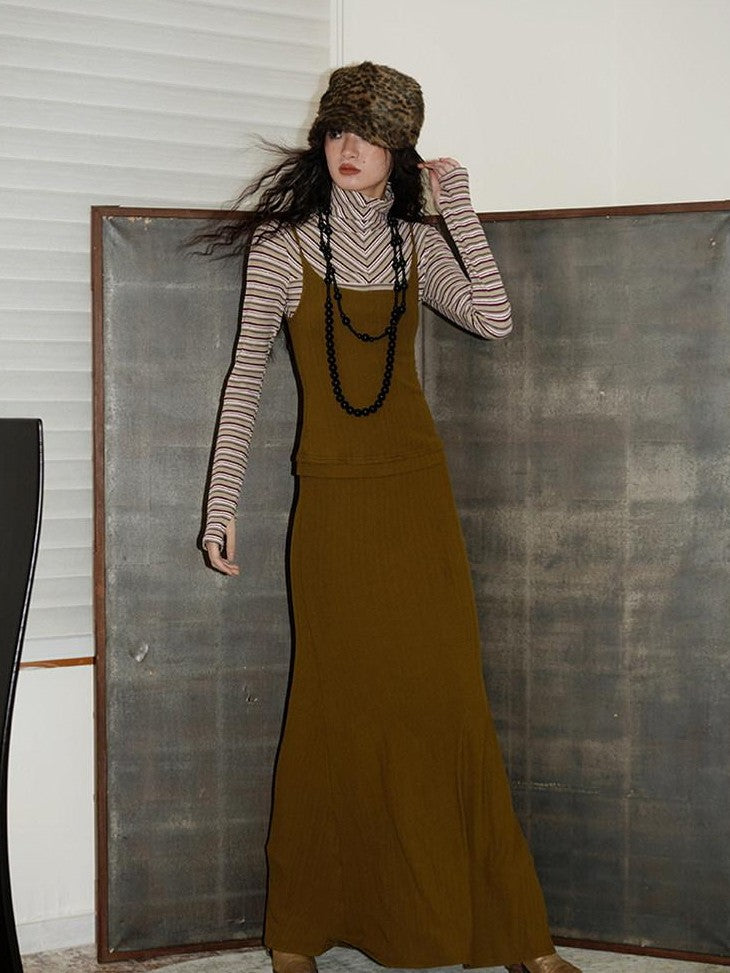 badtaste Western Striped Layered Vintage Long Sleeve Women's Casual Maxi Dresses