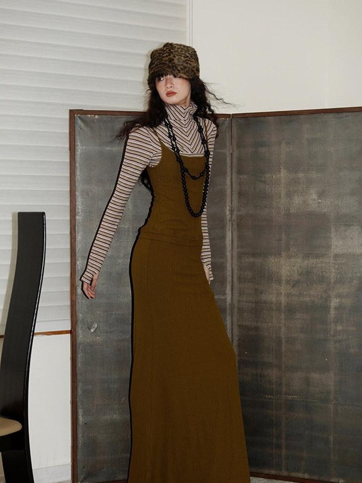 badtaste Western Striped Layered Vintage Long Sleeve Women's Casual Maxi Dresses