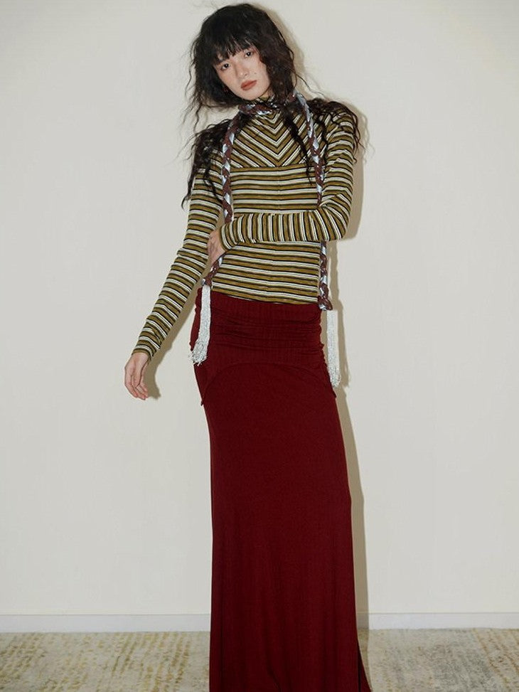 badtaste Western Striped Layered Vintage Long Sleeve Women's Casual Maxi Dresses