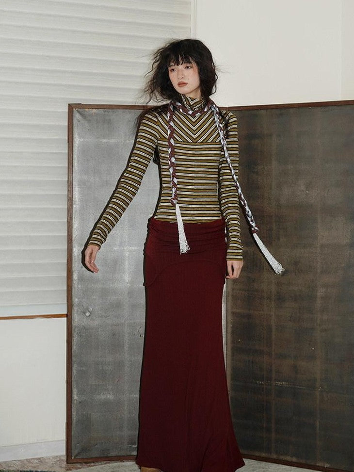 badtaste Western Striped Layered Vintage Long Sleeve Women's Casual Maxi Dresses