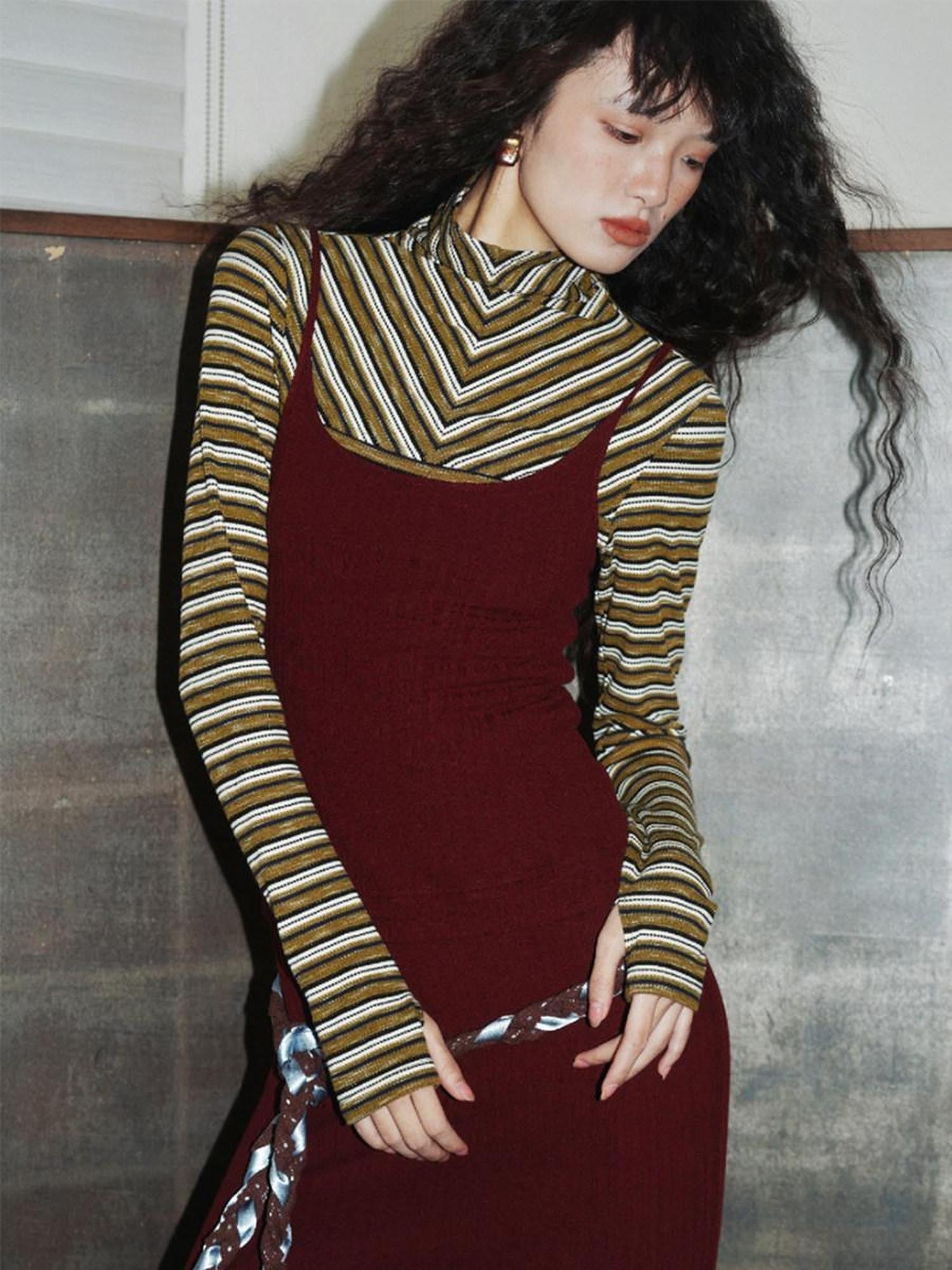 badtaste Western Striped Layered Vintage Long Sleeve Women's Casual Maxi Dresses
