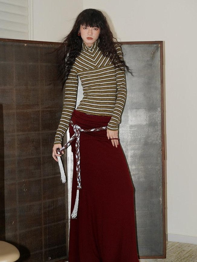 badtaste Western Striped Layered Vintage Long Sleeve Women's Casual Maxi Dresses