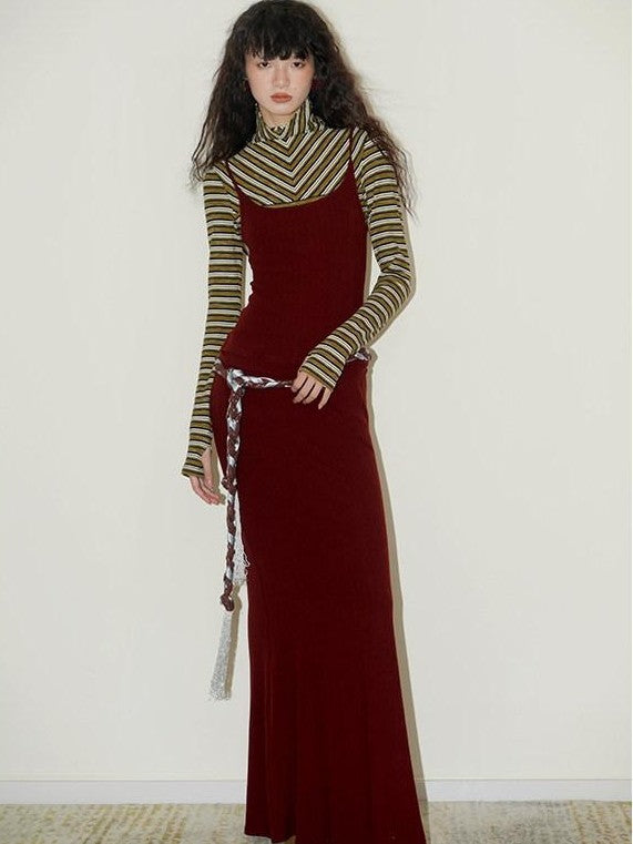 badtaste Western Striped Layered Vintage Long Sleeve Women's Casual Maxi Dresses