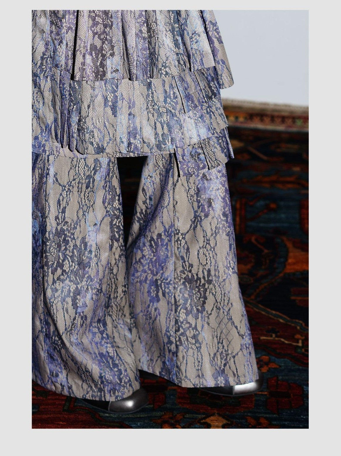 badtaste Western Striped Pleated Faux Two Piece Women's Lace Trim Flare Pants