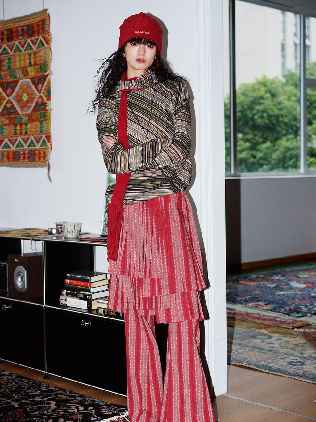 badtaste Western Striped Pleated Faux Two Piece Women's Lace Trim Flare Pants