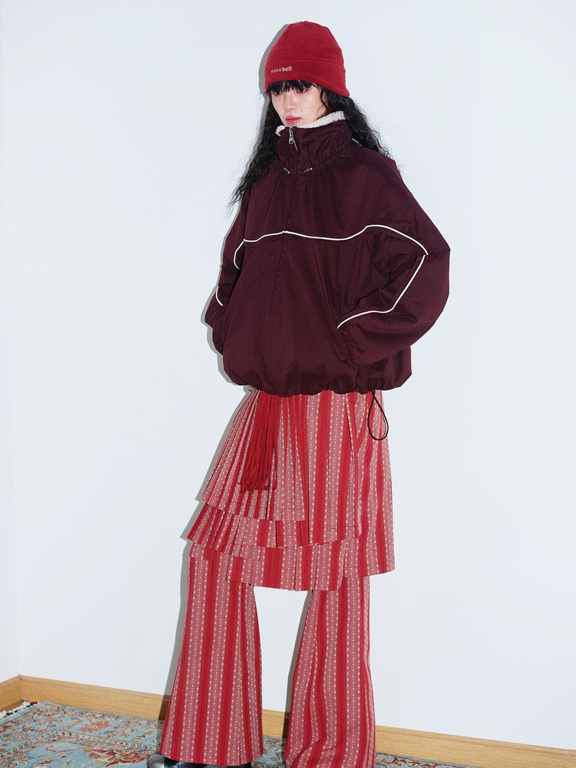 badtaste Western Striped Pleated Faux Two Piece Women's Lace Trim Flare Pants
