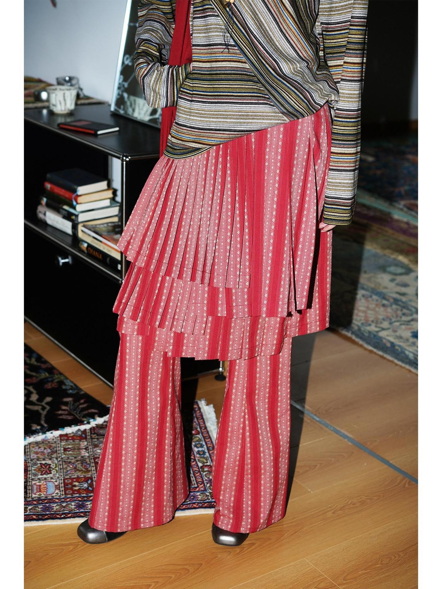 badtaste Western Striped Pleated Faux Two Piece Women's Lace Trim Flare Pants