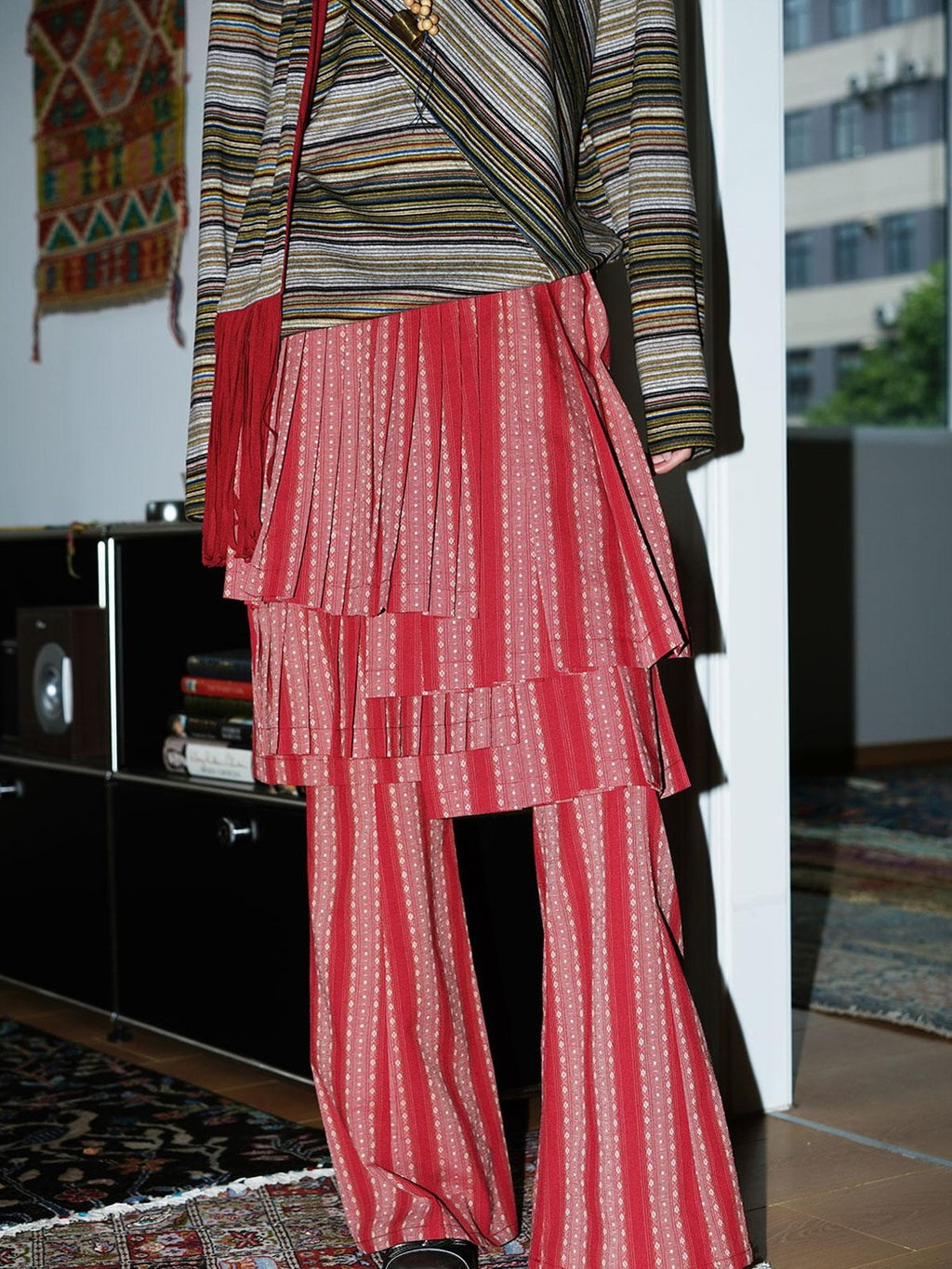 badtaste Western Striped Pleated Faux Two Piece Women's Lace Trim Flare Pants