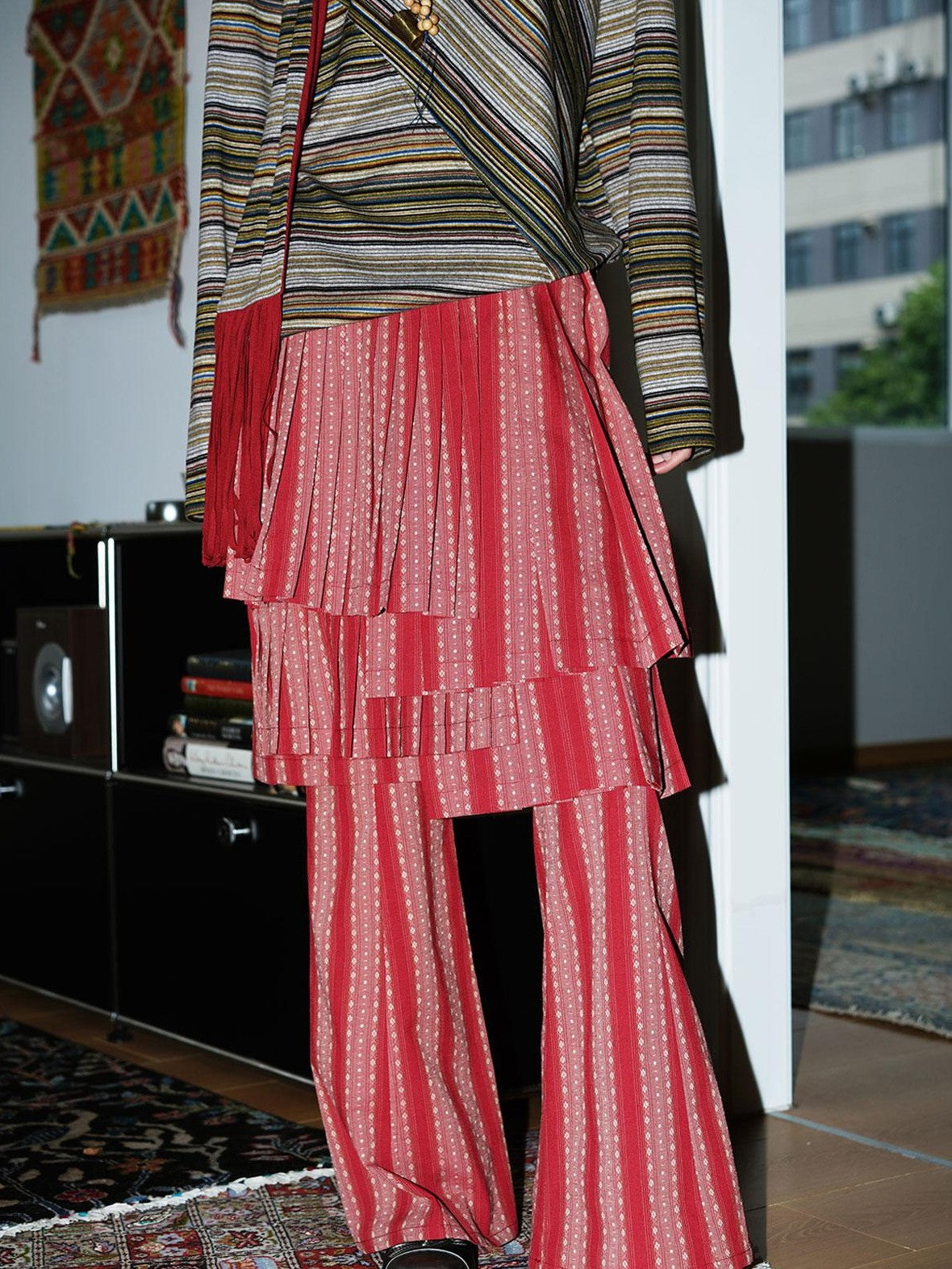 badtaste Western Striped Pleated Faux Two Piece Women's Lace Trim Flare Pants
