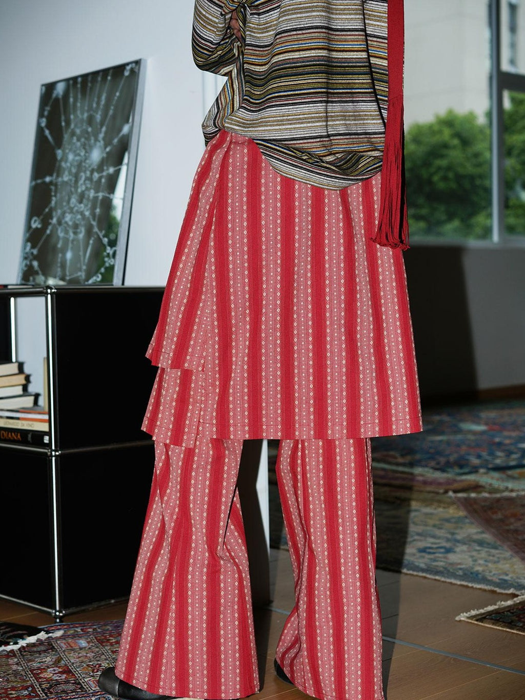 badtaste Western Striped Pleated Faux Two Piece Women's Lace Trim Flare Pants