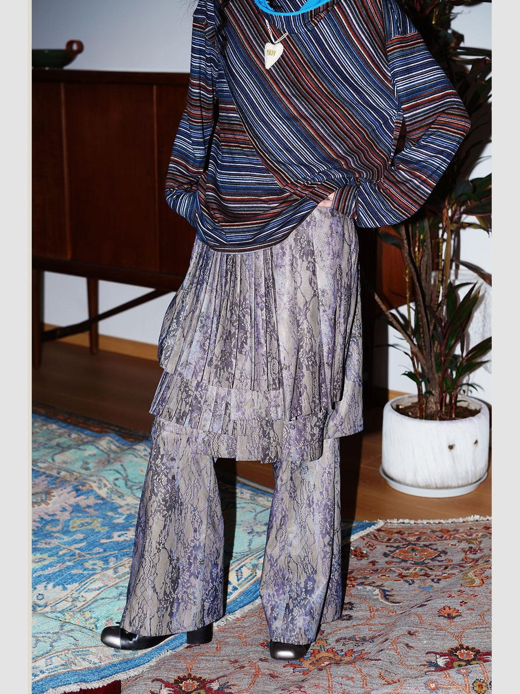 badtaste Western Striped Pleated Faux Two Piece Women's Lace Trim Flare Pants