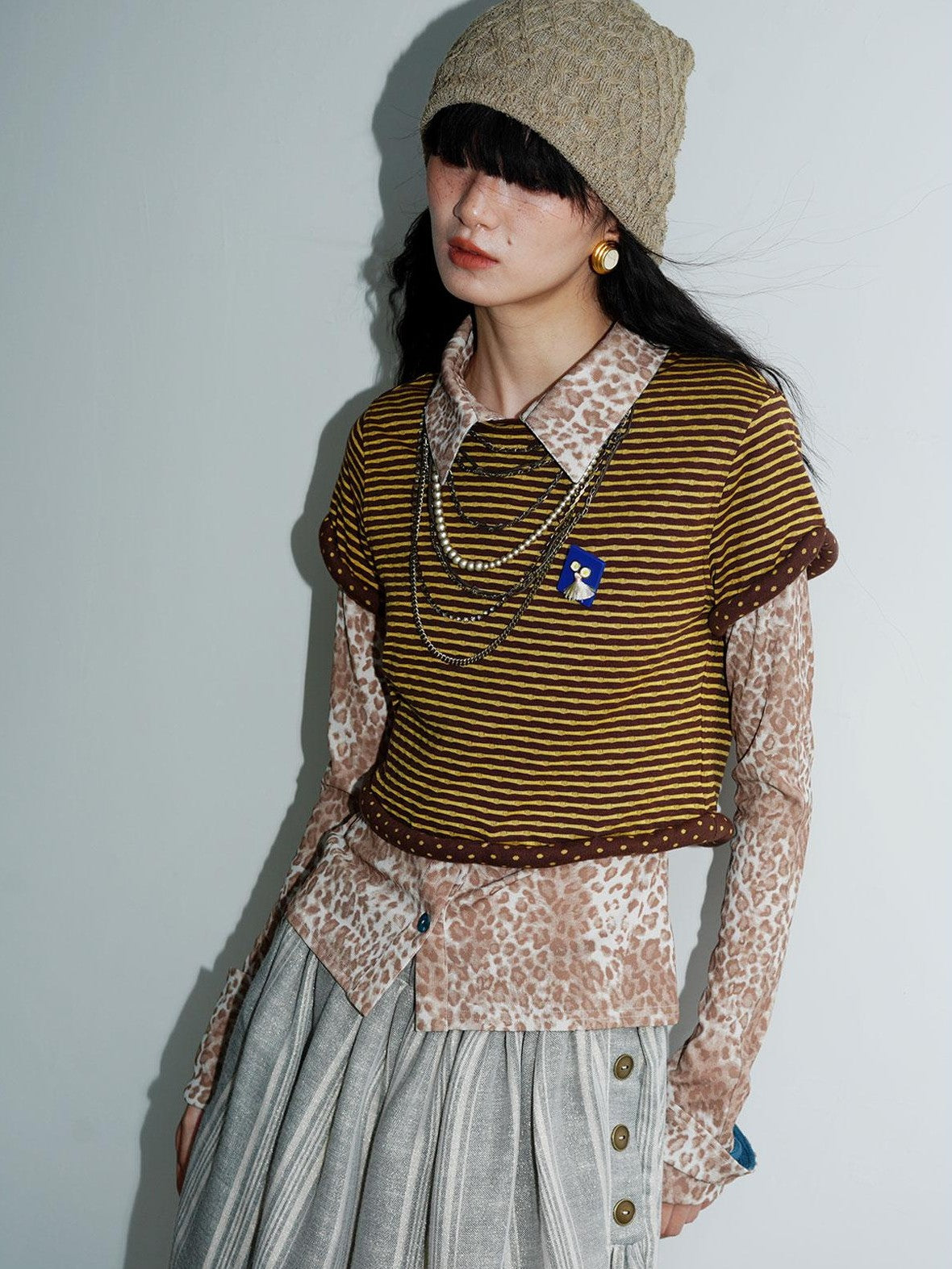 badtaste Western Striped Rolled Hem Layered Women's Cotton Blend Short Sleeve T-shirts