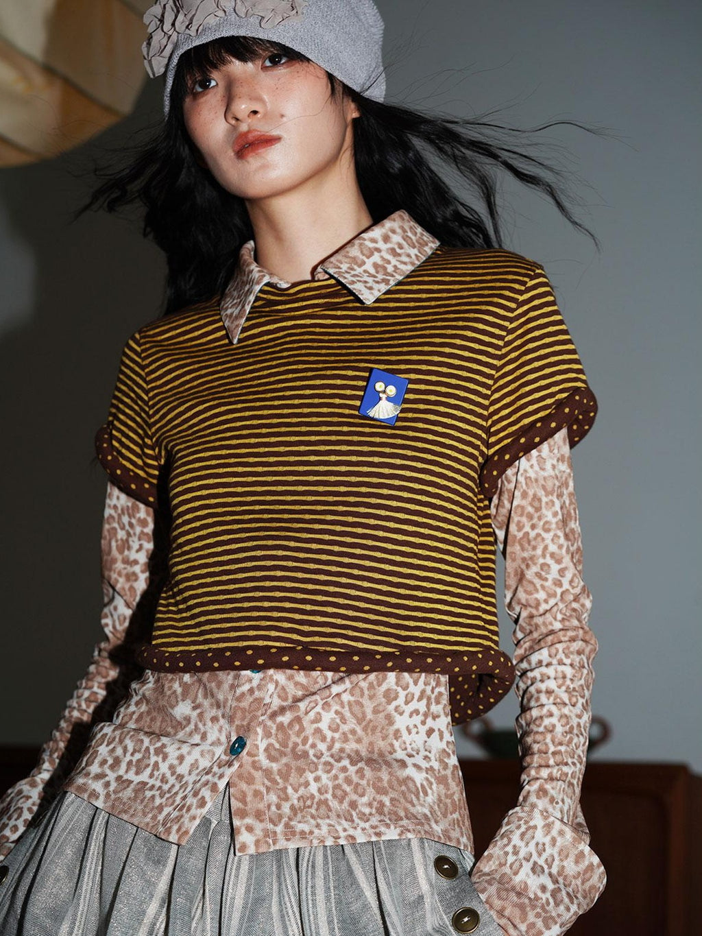 badtaste Western Striped Rolled Hem Layered Women's Cotton Blend Short Sleeve T-shirts
