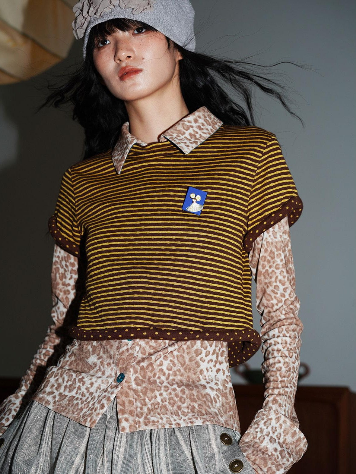 badtaste Western Striped Rolled Hem Layered Women's Cotton Blend Short Sleeve T-shirts