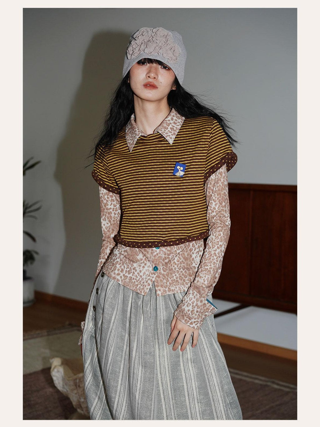 badtaste Western Striped Rolled Hem Layered Women's Cotton Blend Short Sleeve T-shirts