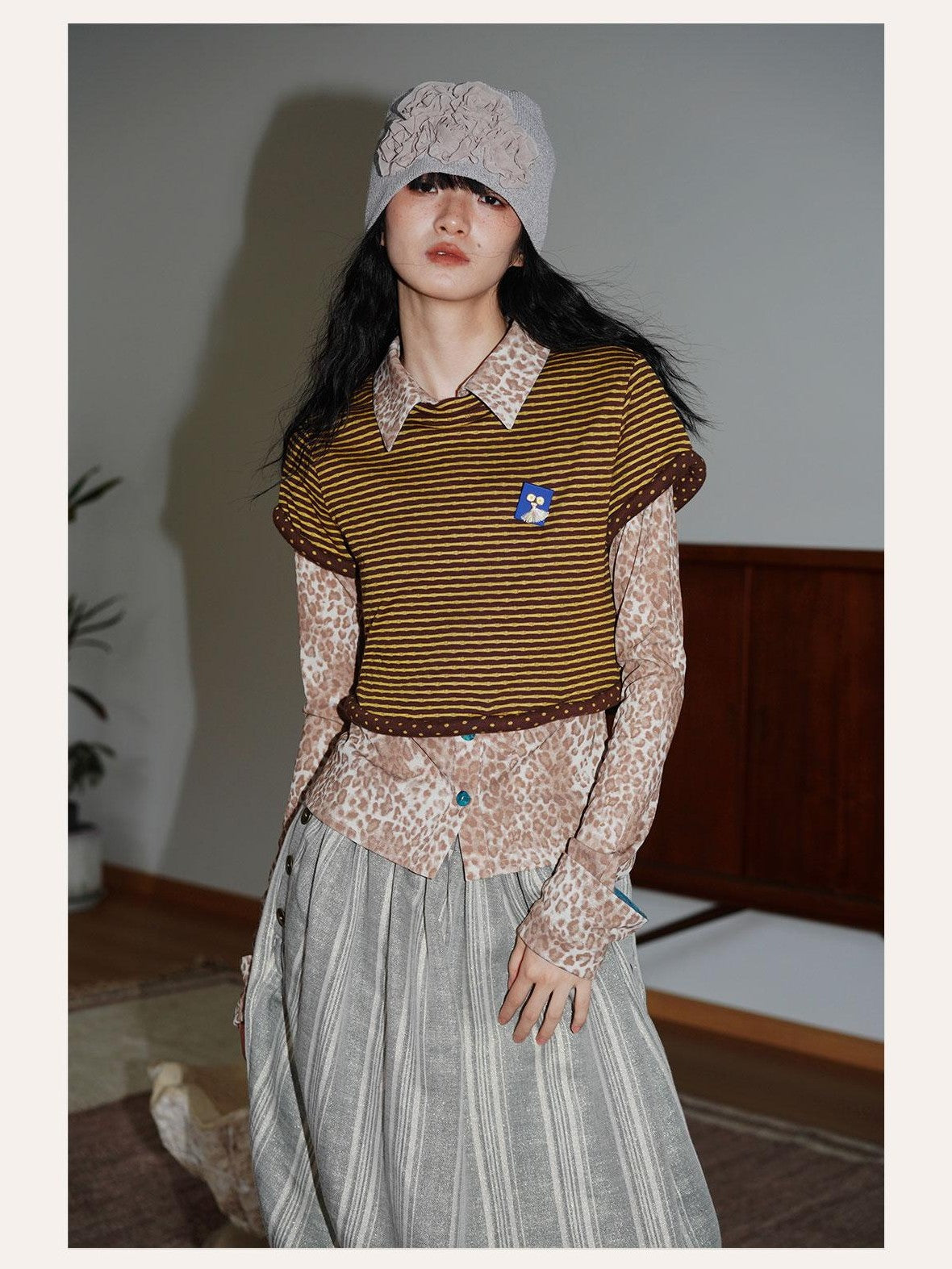 badtaste Western Striped Rolled Hem Layered Women's Cotton Blend Short Sleeve T-shirts