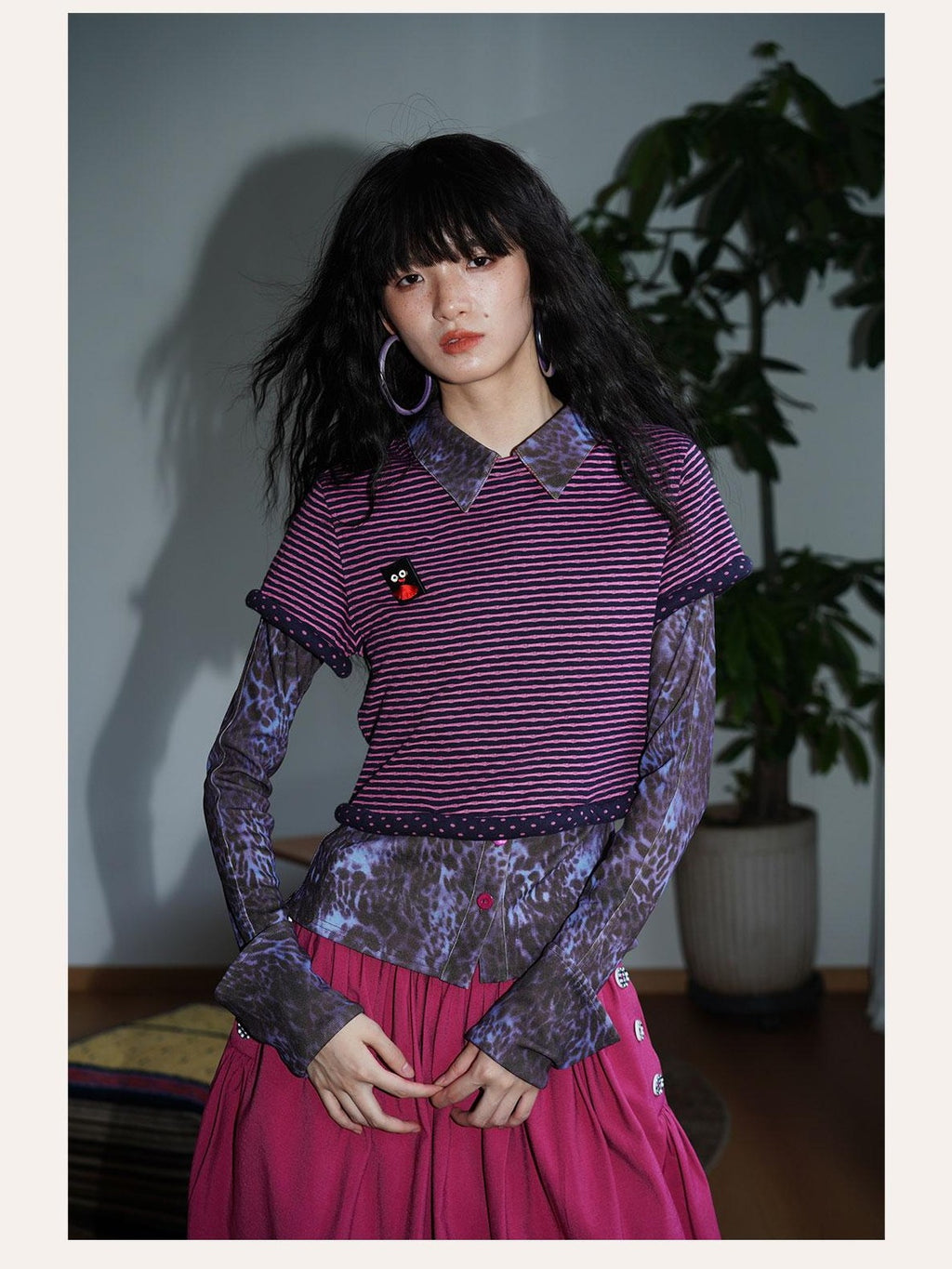 badtaste Western Striped Rolled Hem Layered Women's Cotton Blend Short Sleeve T-shirts