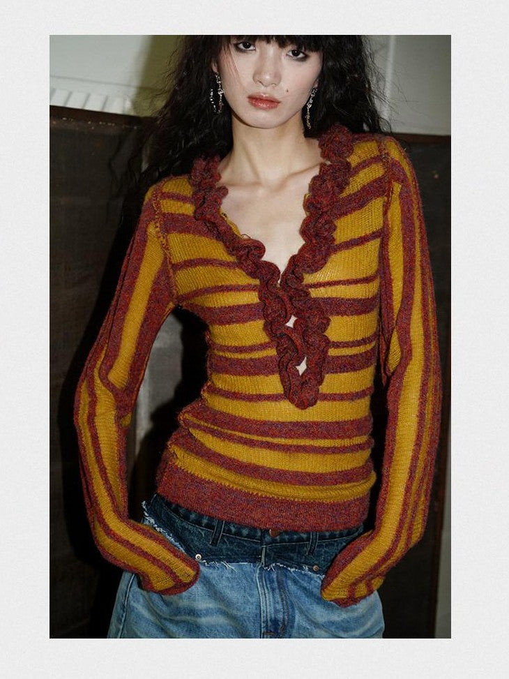 badtaste Western Striped Ruffle Edge V-neck Slim Women's Wool Blend Pullover Sweaters