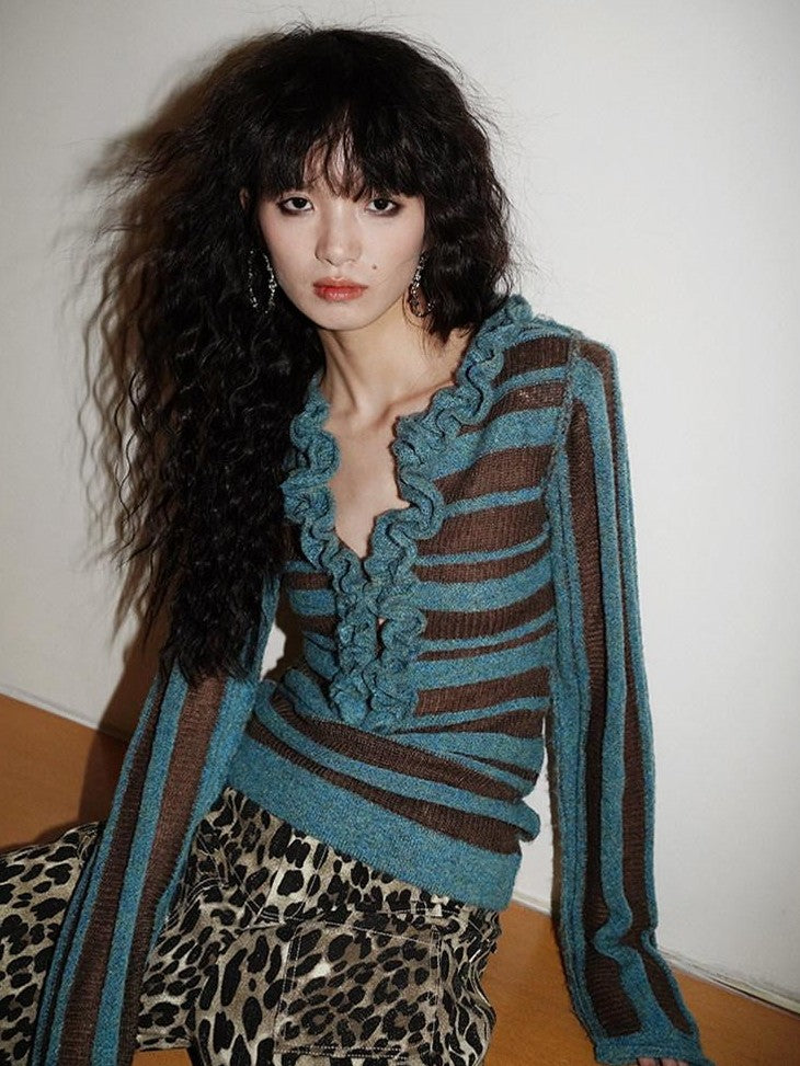 badtaste Western Striped Ruffle Edge V-neck Slim Women's Wool Blend Pullover Sweaters