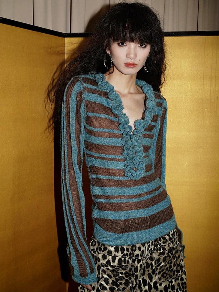 badtaste Western Striped Ruffle Edge V-neck Slim Women's Wool Blend Pullover Sweaters