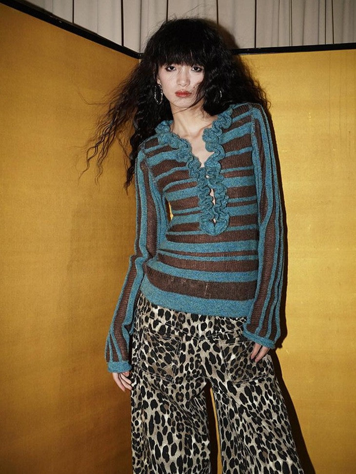 badtaste Western Striped Ruffle Edge V-neck Slim Women's Wool Blend Pullover Sweaters