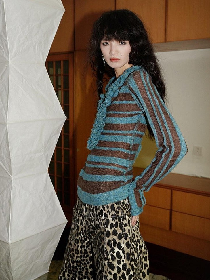 badtaste Western Striped Ruffle Edge V-neck Slim Women's Wool Blend Pullover Sweaters