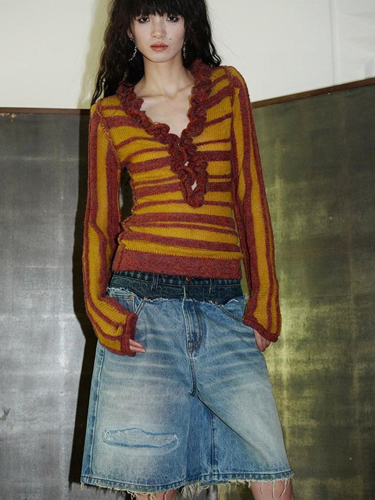 badtaste Western Striped Ruffle Edge V-neck Slim Women's Wool Blend Pullover Sweaters