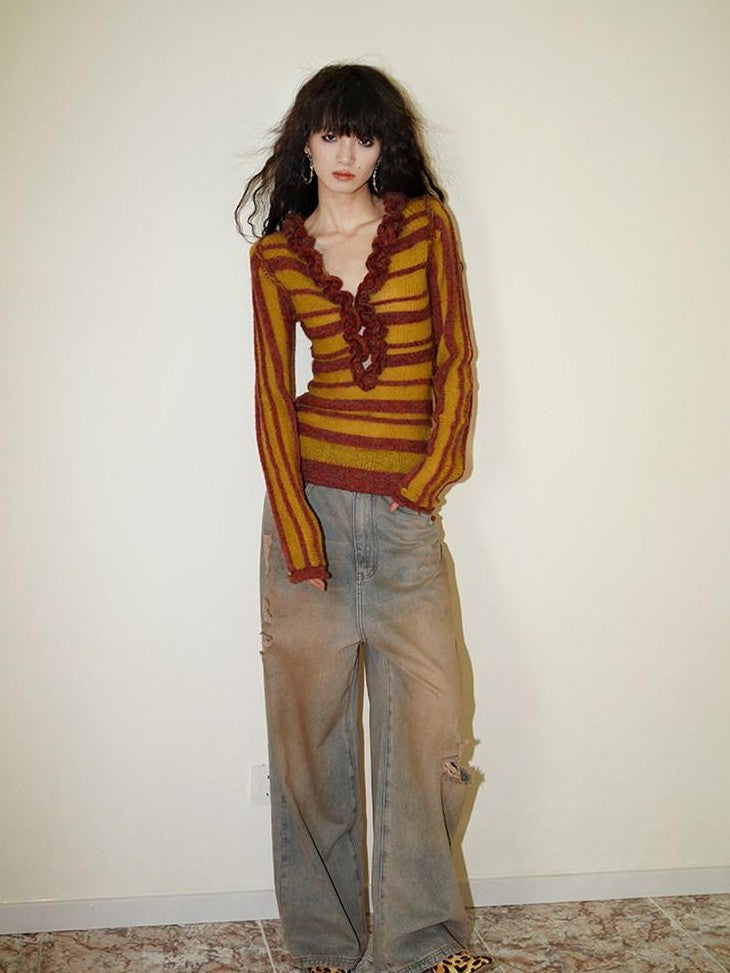 badtaste Western Striped Ruffle Edge V-neck Slim Women's Wool Blend Pullover Sweaters