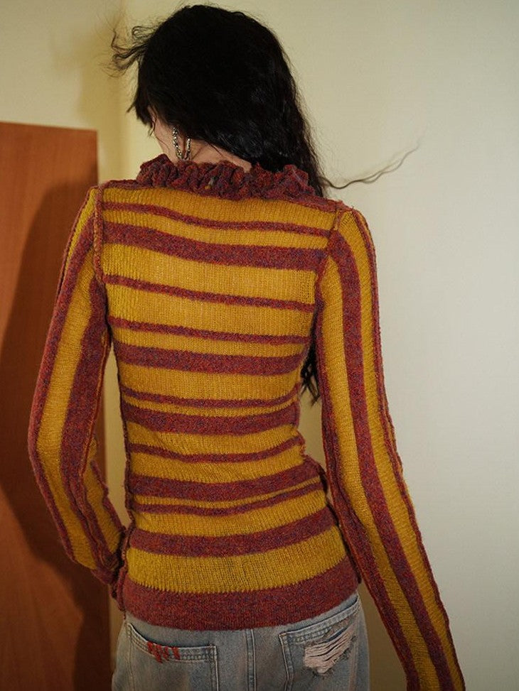 badtaste Western Striped Ruffle Edge V-neck Slim Women's Wool Blend Pullover Sweaters