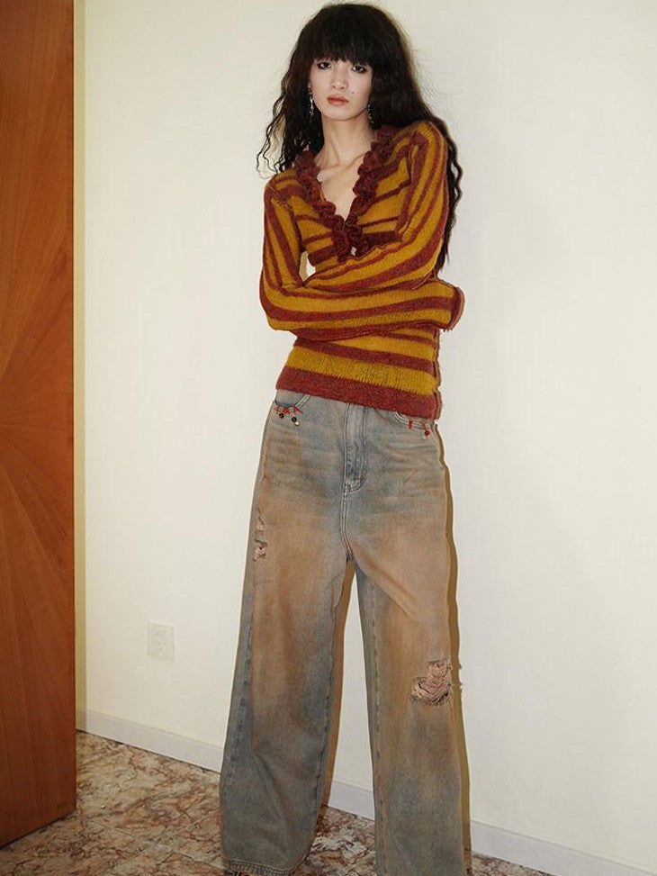 badtaste Western Striped Ruffle Edge V-neck Slim Women's Wool Blend Pullover Sweaters