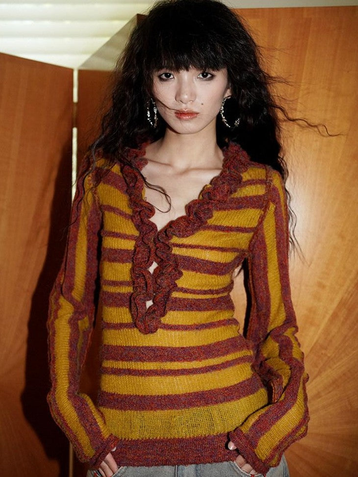 badtaste Western Striped Ruffle Edge V-neck Slim Women's Wool Blend Pullover Sweaters
