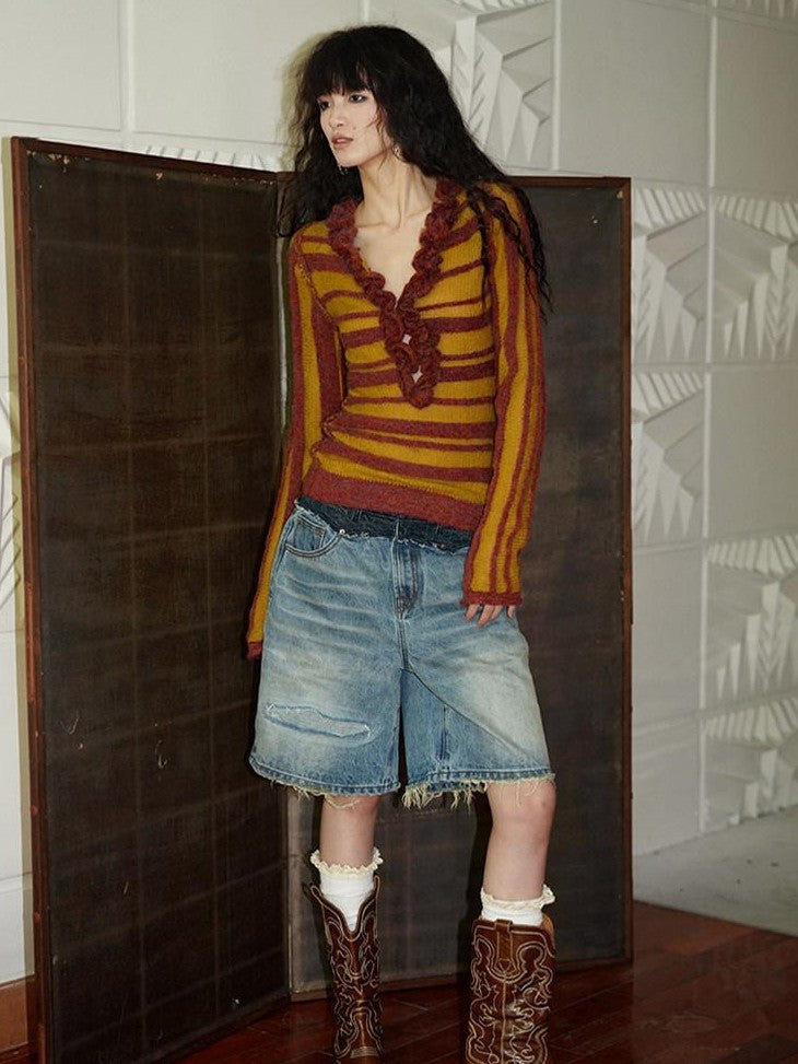 badtaste Western Striped Ruffle Edge V-neck Slim Women's Wool Blend Pullover Sweaters