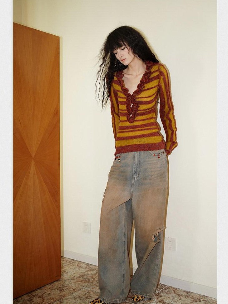 badtaste Western Striped Ruffle Edge V-neck Slim Women's Wool Blend Pullover Sweaters