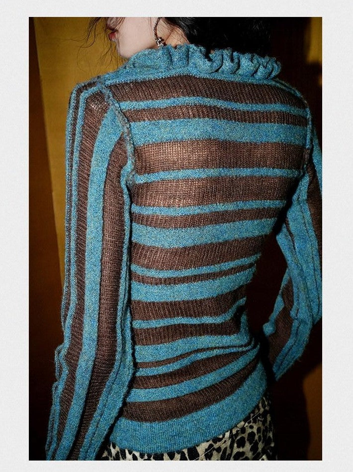 badtaste Western Striped Ruffle Edge V-neck Slim Women's Wool Blend Pullover Sweaters