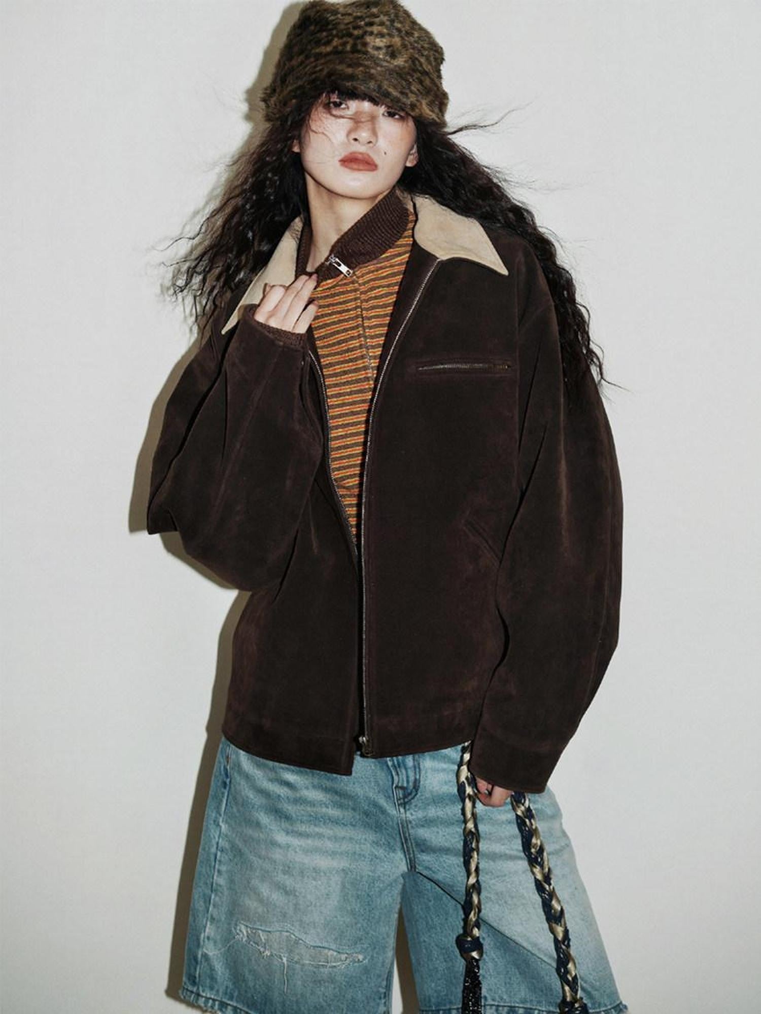 Western Suede Plush Loose Fit Women's Wool Blend Utility Jackets