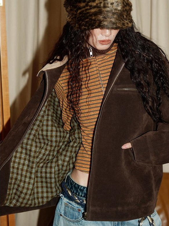 badtaste Western Suede Plush Loose Fit Women's Wool Blend Utility Jackets