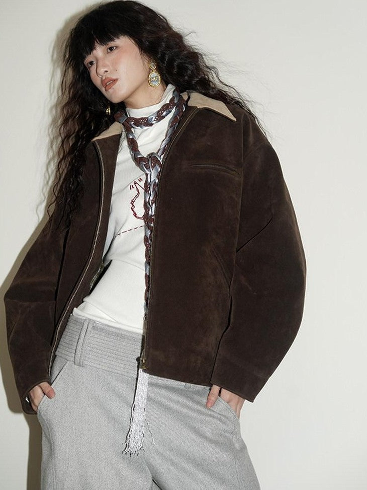 badtaste Western Suede Plush Loose Fit Women's Wool Blend Utility Jackets