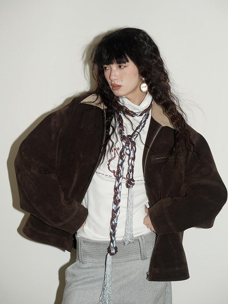 badtaste Western Suede Plush Loose Fit Women's Wool Blend Utility Jackets